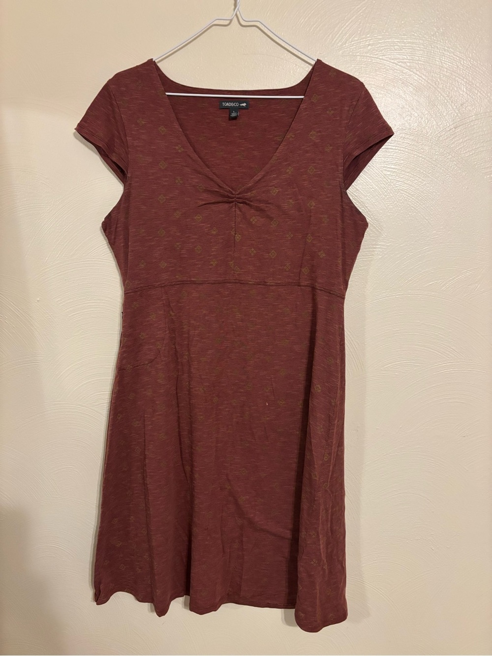 Toad&Co Women’s Large Rust Print V-Neck Fit & Flare Midi Dress Organic Cotton